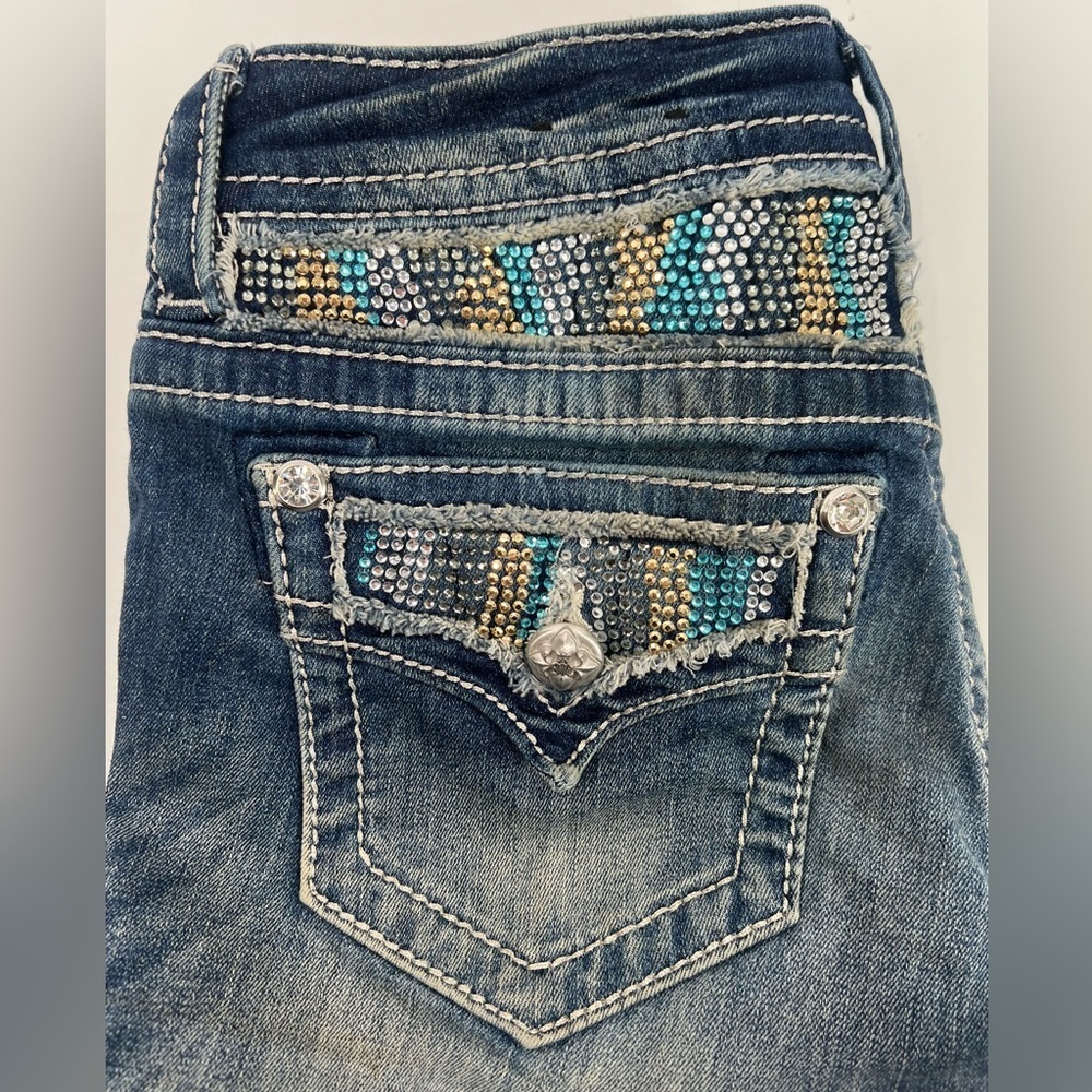 Miss Me Blue Jeans with Blue Tan Crystal Accents Low Rise Bootcut Distressed 25